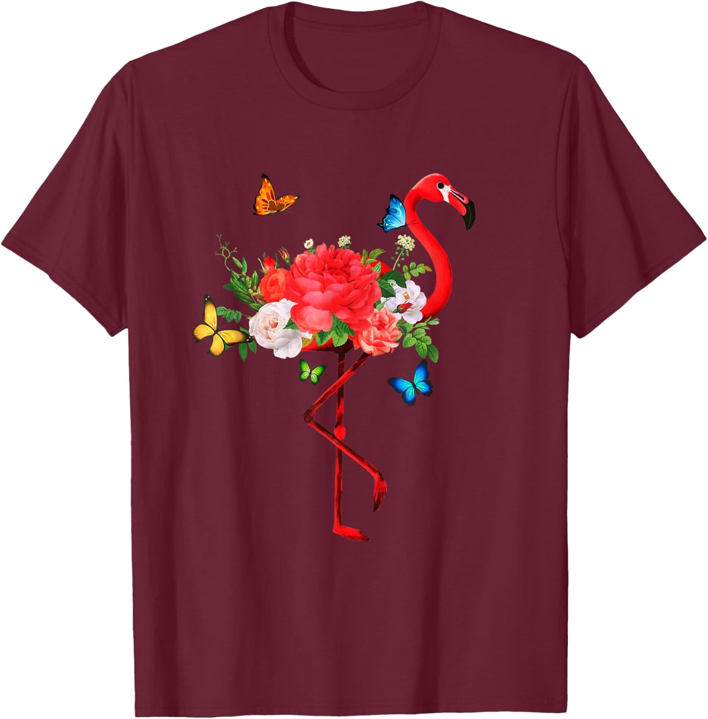 Flamingo Flowers Butterflies Summer Flamingos T-Shirt - T-Shirt | Maroon