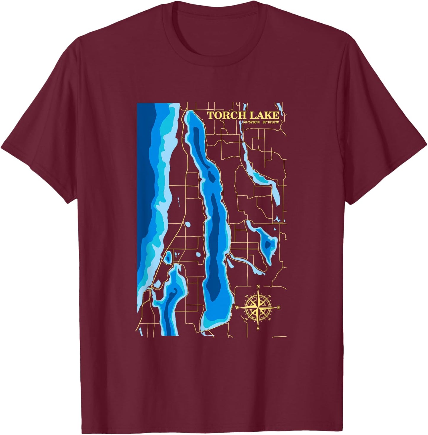 Torch Lake Adventure Map T-Shirt - T-Shirt | Maroon