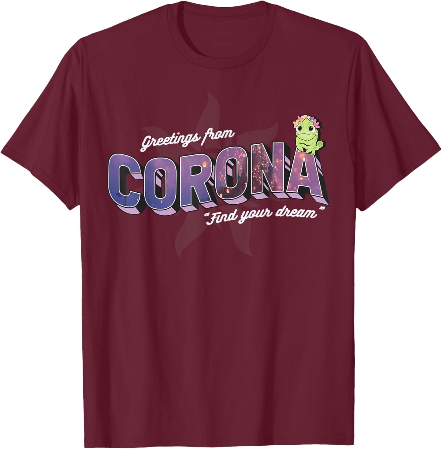 Disney Tangled Pascal Greetings From Corona Logo T-Shirt - T-Shirt | Maroon