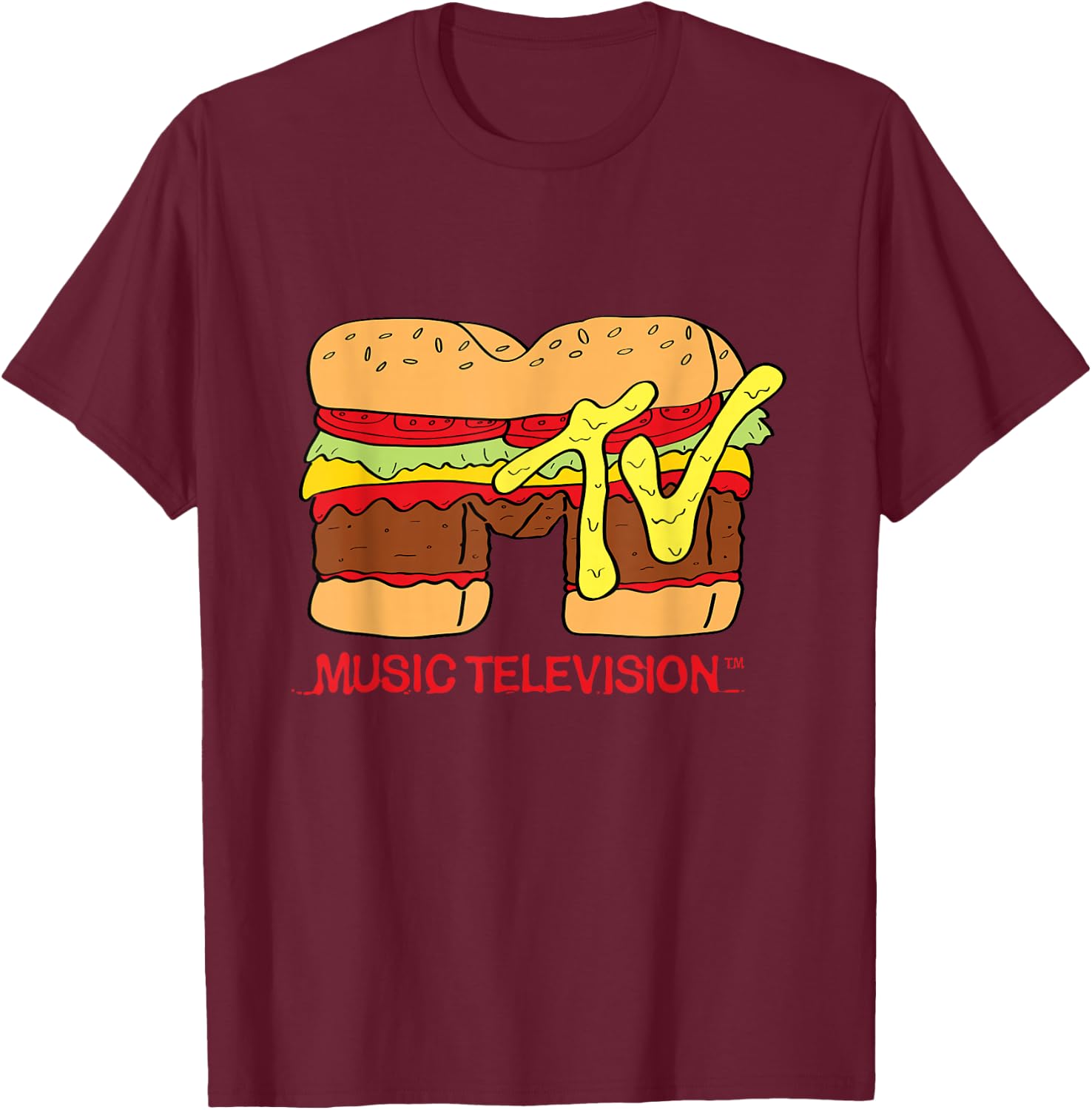MTV Classic Logo Hamburger Design T- Shirts T-Shirt - T-Shirt | Maroon