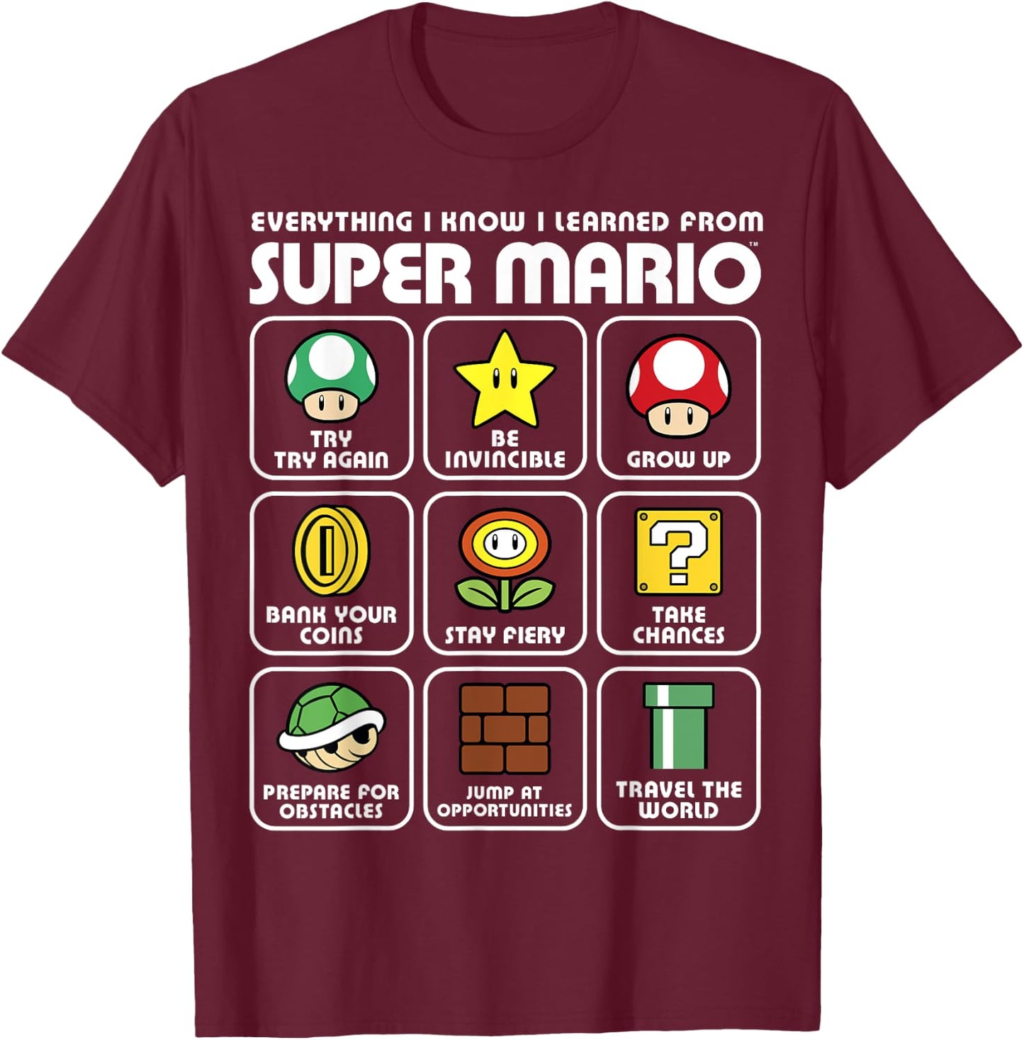 Nintendo Super Mario Life Lessons Icons Graphic T-Shirt - T-Shirt | Maroon