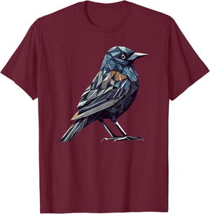 Geometric Art Common Blackbird Birdwatcher Birdwatching T-Shirt - T-Shirt | Maroon