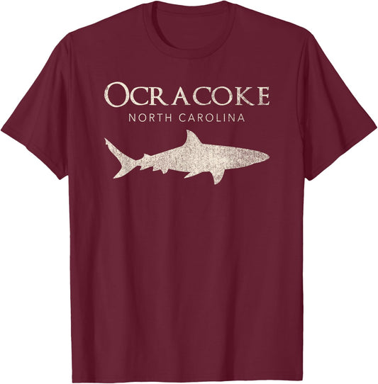 Retro Ocracoke NC Shark T-Shirt - T-Shirt | Maroon