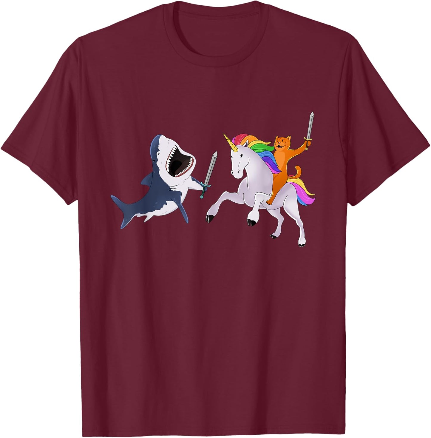 Funny Cat Riding Magical Unicorn Sword Fighting Shark T-Shirt - T-Shirt | Maroon