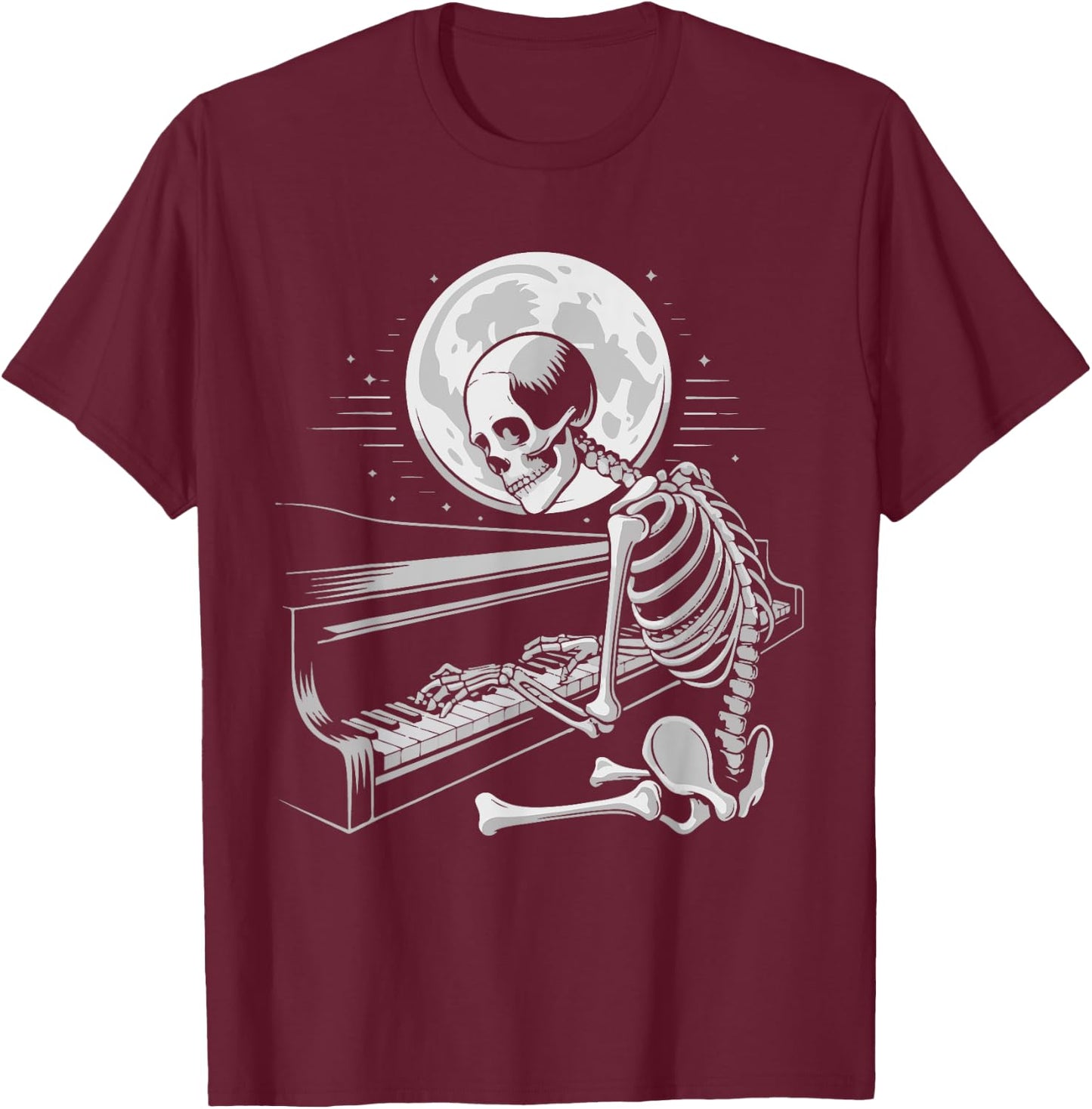 Skeleton Playing Piano Moon Halloween Pianist T-Shirt - T-Shirt | Maroon
