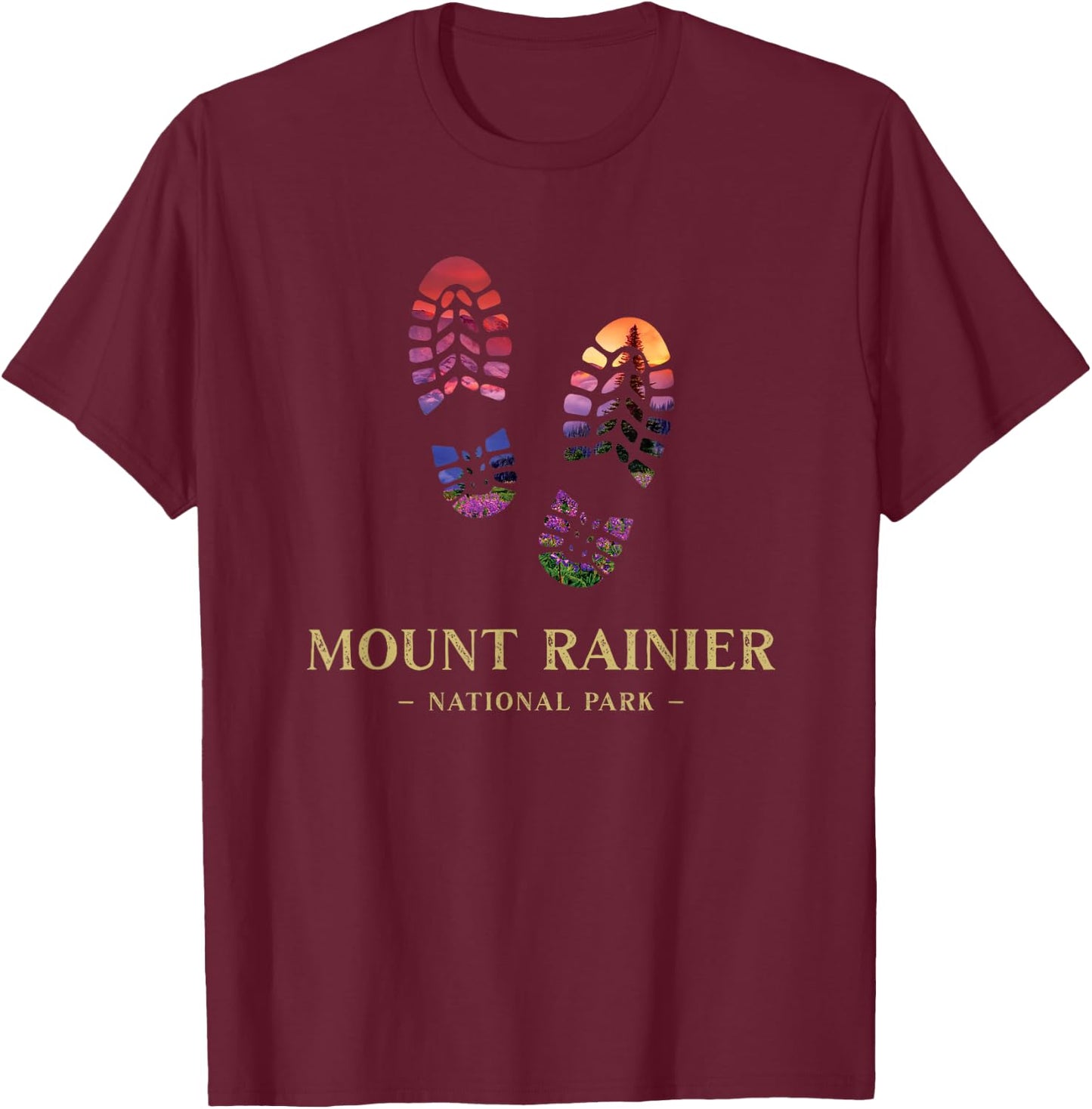 Mount Rainier National Park Washingtion Hiking Boot Print T-Shirt - T-Shirt | Maroon