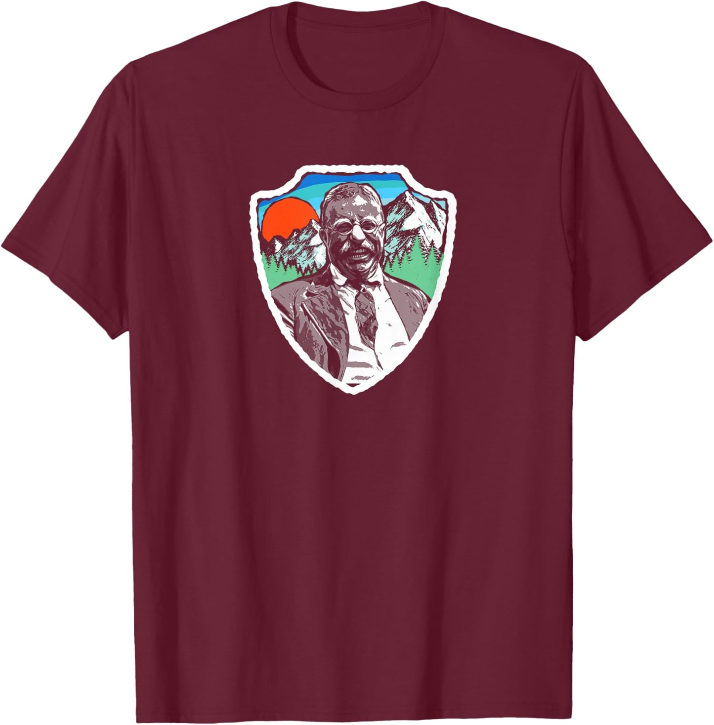 Symbiosis Supply Co. Retro Teddy Roosevelt Vintage Nature - Men's Adults Grey Graphic Short Sleeve Classic Fit Pull On - S T-Shirt - T-Shirt | Maroon