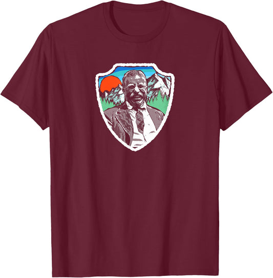 Symbiosis Supply Co. Retro Teddy Roosevelt Vintage Nature - Men's Adults Grey Graphic Short Sleeve Classic Fit Pull On - S T-Shirt - T-Shirt | Maroon