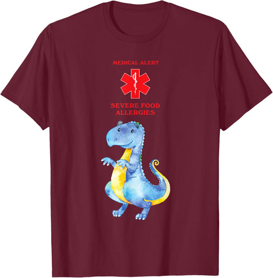 Medical Alert Severe Food Allergies with Cute Dragon T-Shirt - T-Shirt | Maroon