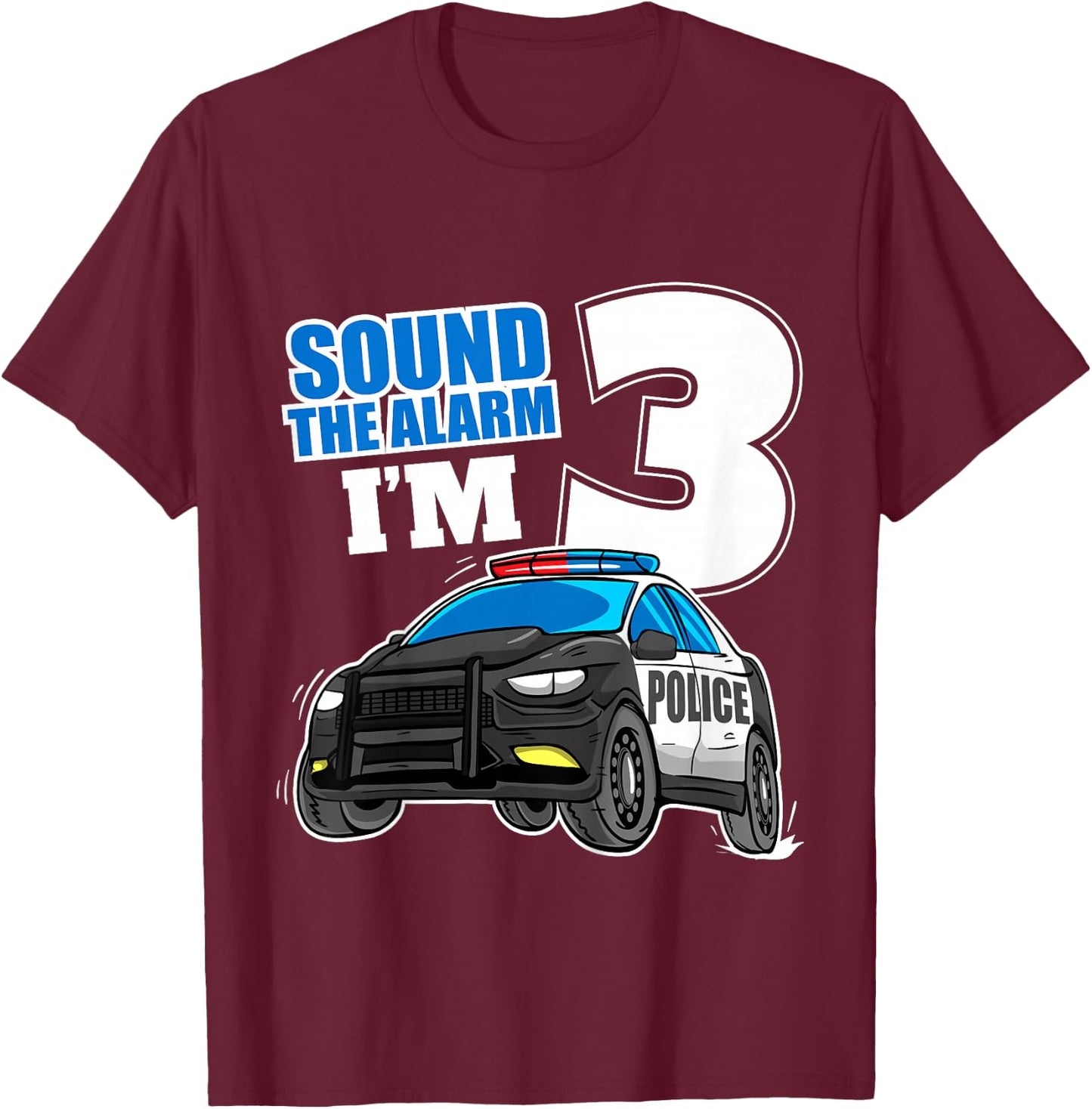 Kids Police Car 3rd Birthday Boy 3 Cop Policeman Officer Three T-Shirt - T-Shirt | Maroon