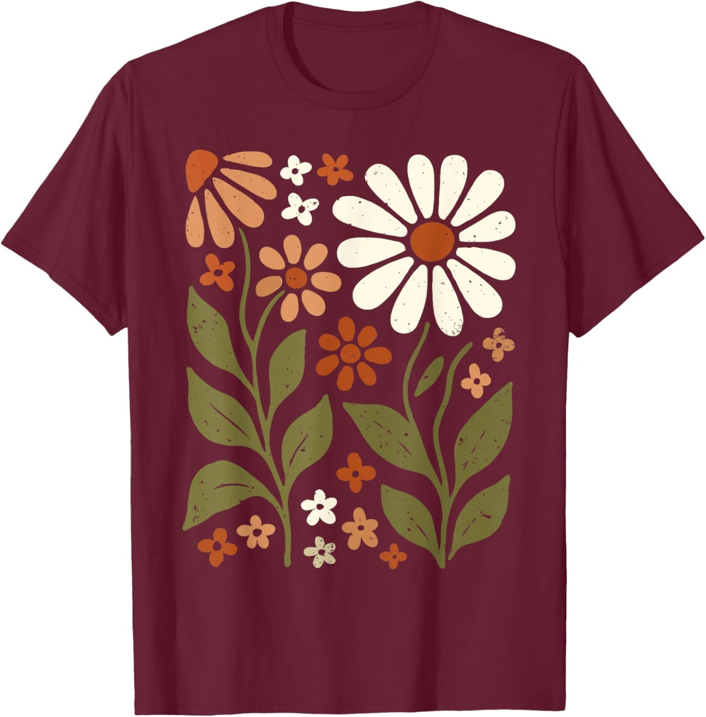 Retro Wildflowers Flowers Pattern Summer Spring Boho Vintage T-Shirt - T-Shirt | Maroon