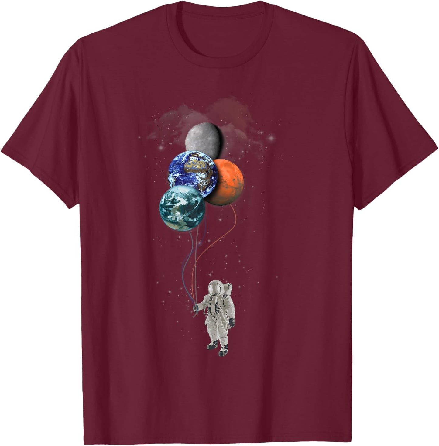 Astronaut Holding Planet Balloons Shirt - Psychedelic T-Shirt - T-Shirt | Maroon