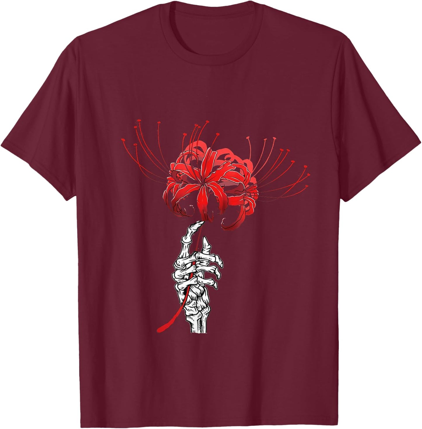 Skeleton Hand Holding Red Spider Lily Aesthetic Red Flower T-Shirt - T-Shirt | Maroon