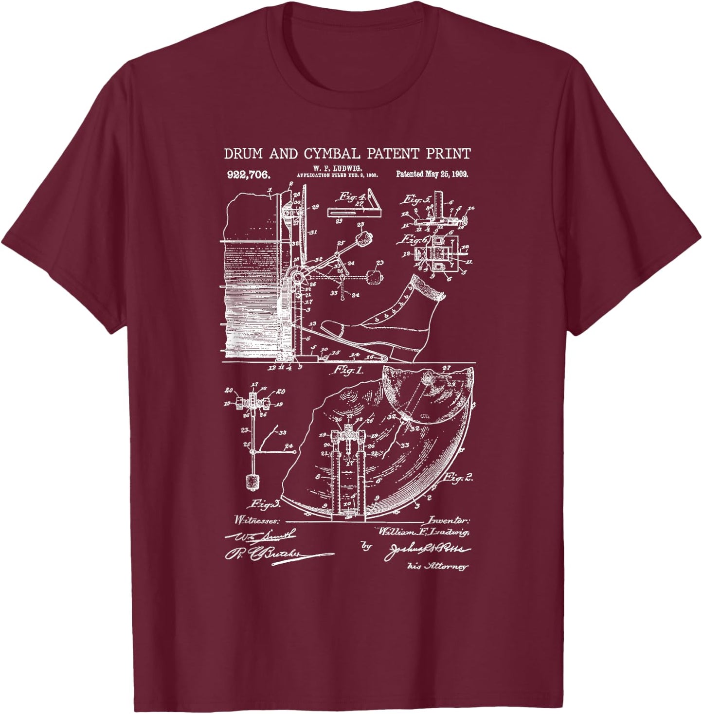 Drum And Cymbal Patent Print 1909 - Vintage Patent Music Art T-Shirt - T-Shirt | Maroon