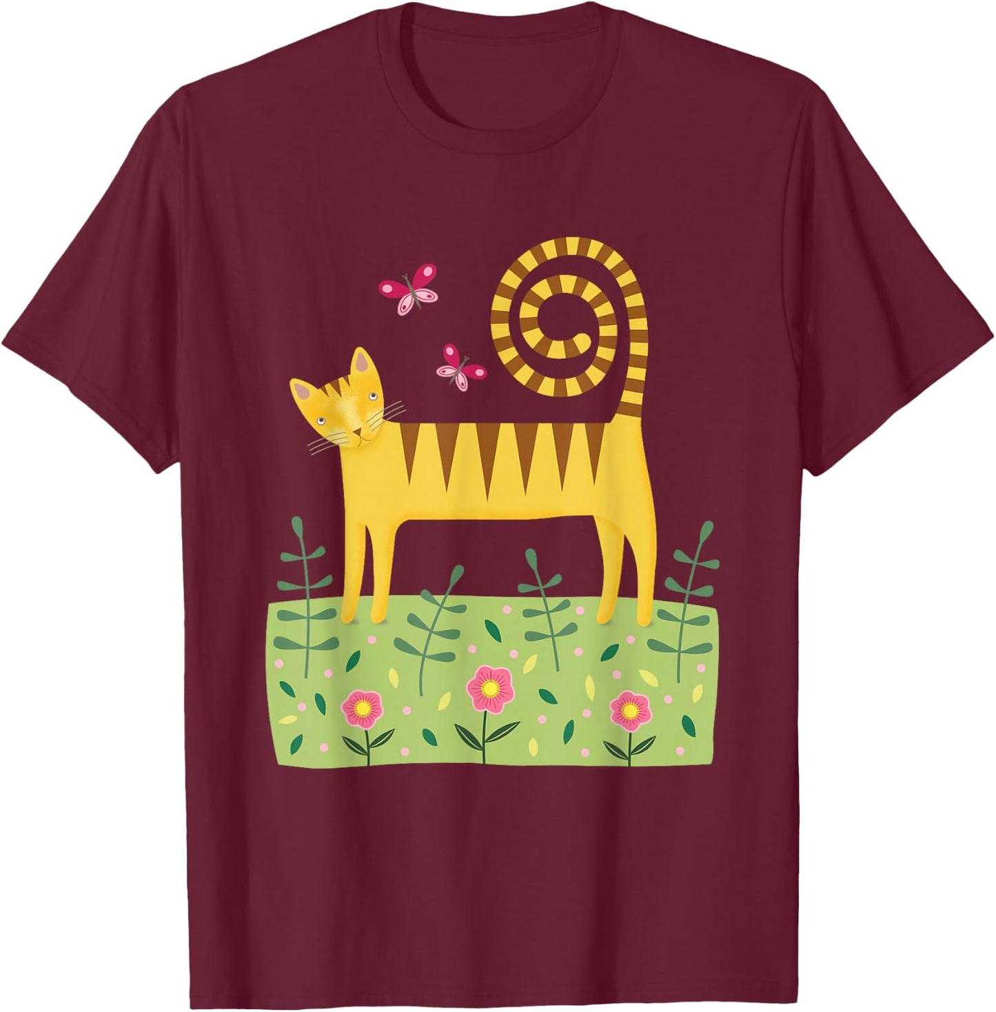 Cat in the Garden with Butterflies Men Women Kids T-Shirt - T-Shirt | Maroon