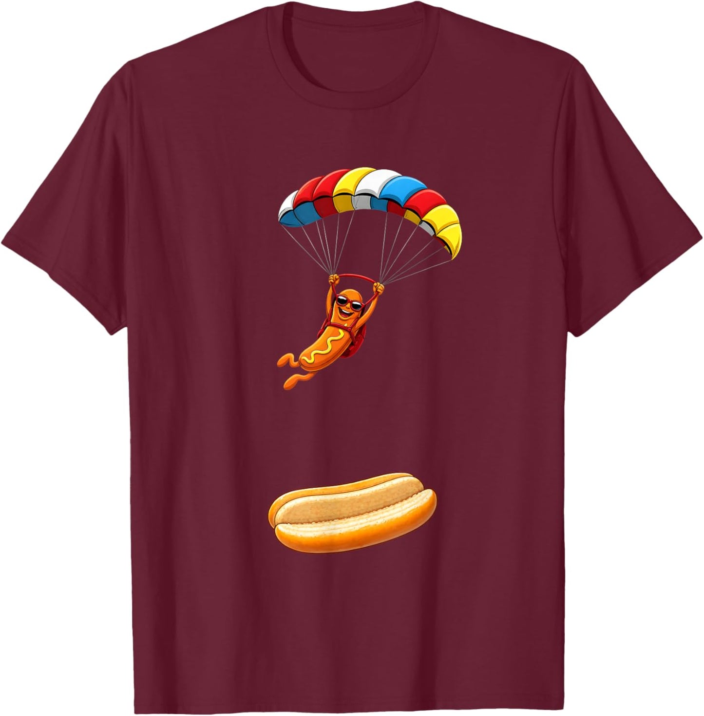 Funny Hot Dog Skydiving Parachute Hotdog Men Women T-Shirt - T-Shirt | Maroon