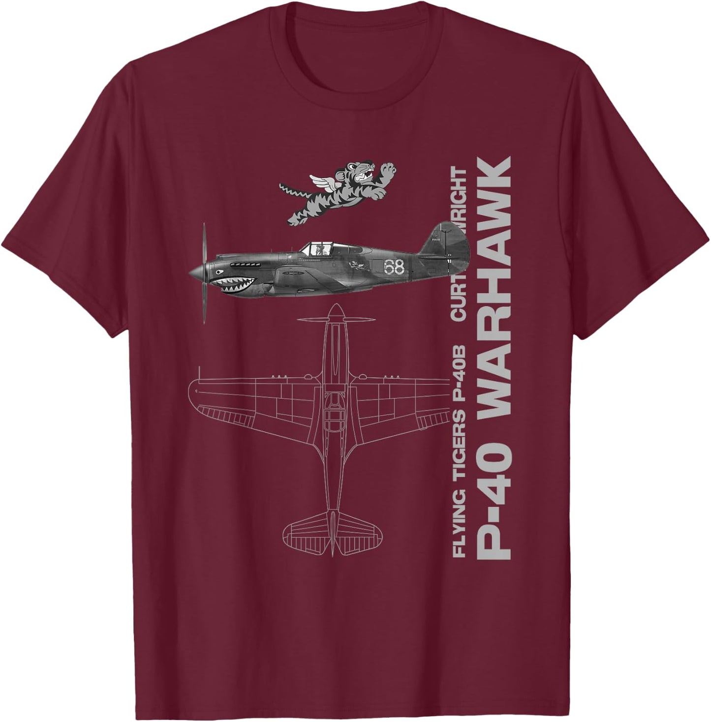 P-40 Warhawk WWII Fighter Airplane Profile T-Shirt - T-Shirt | Maroon