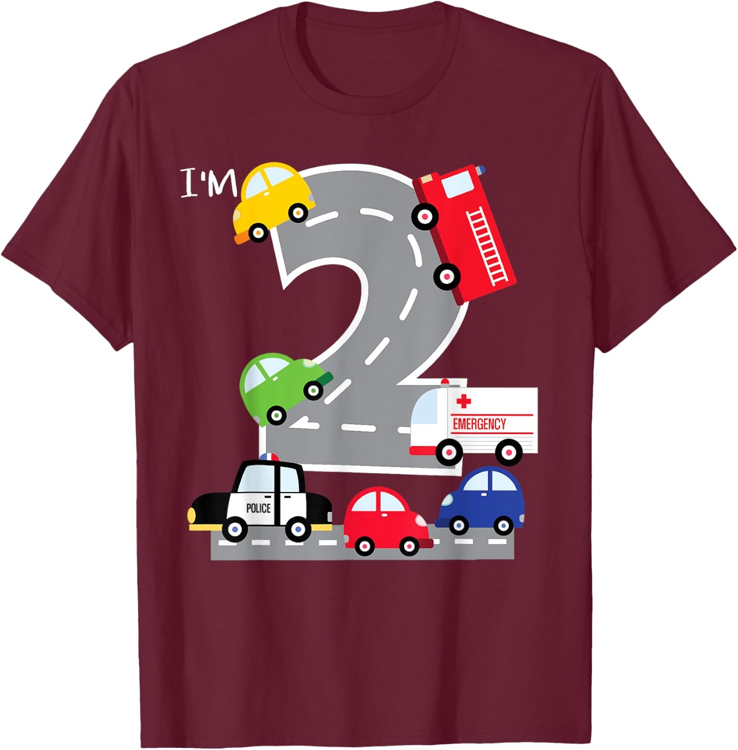 2nd Birthday 2 Year Old Transportation Cars Fire Truck T-Shirt - T-Shirt | Maroon