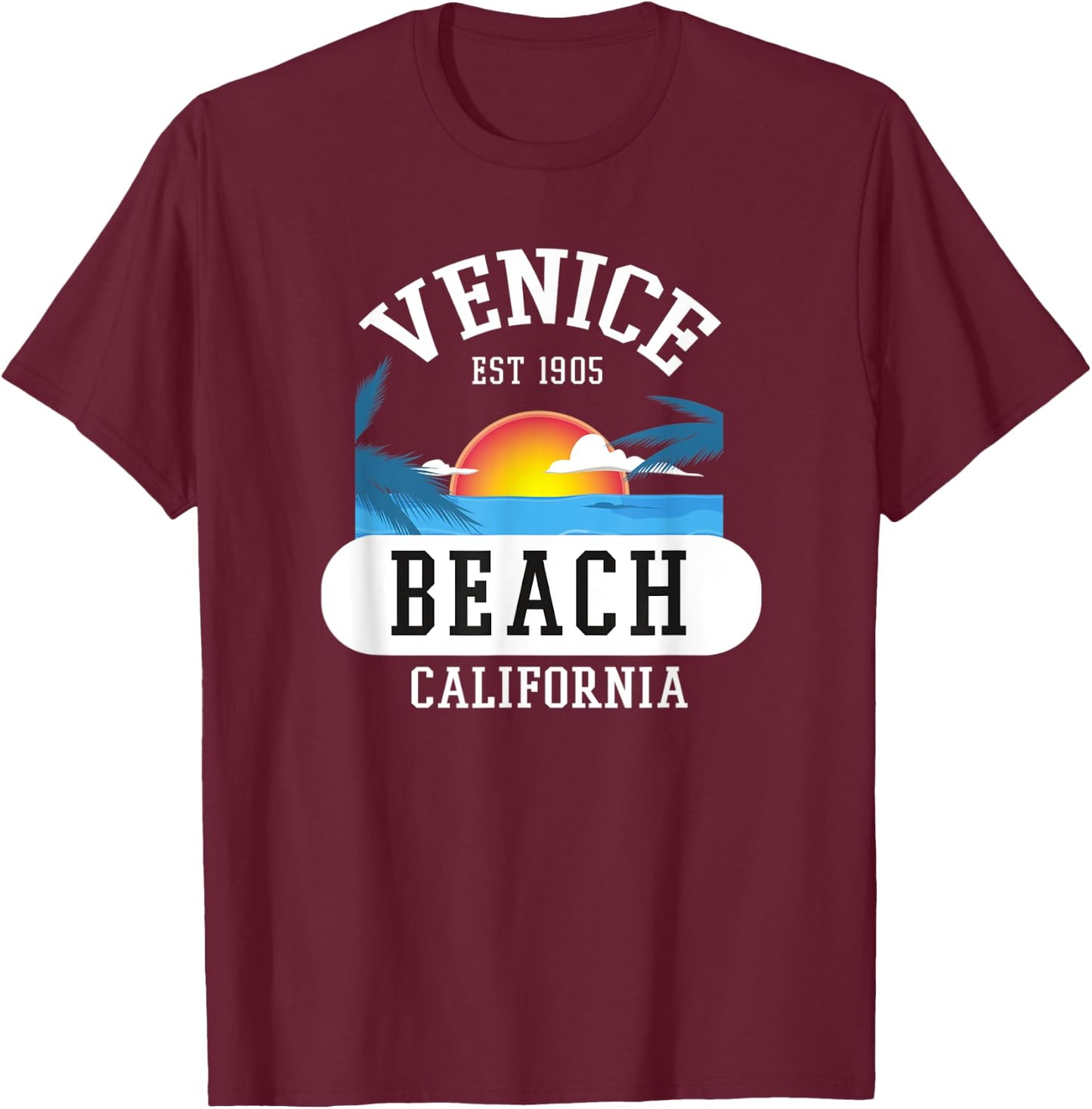 Retro Venice Beach California Graphic Design Novelty Art Men Women T-Shirt - T-Shirt | Maroon