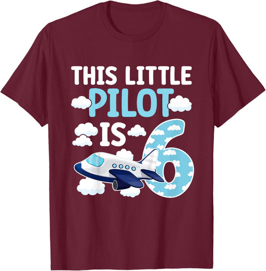 6th Airplane Birthday Party Six Year Old Pilot Birthday T-Shirt - T-Shirt | Maroon