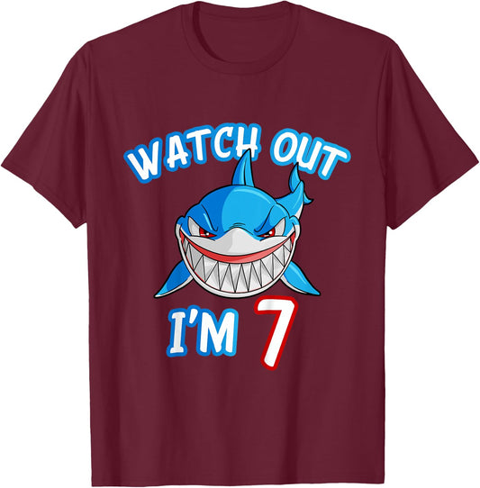 Kids 7 Yrs old Boy Watch Out Shark SHIRT 7th Birthday T-Shirt - T-Shirt | Maroon