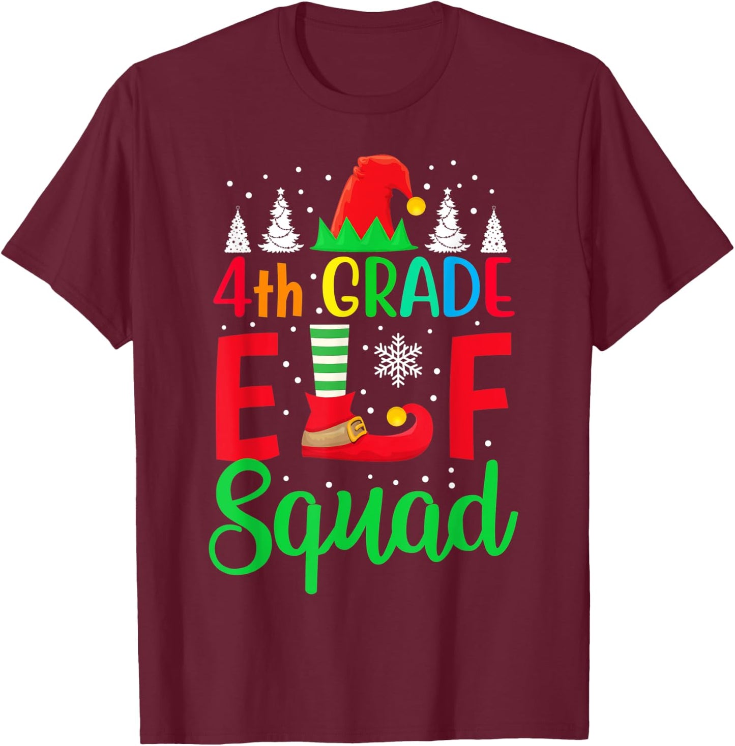 Christmas 4th Grade Pajama Kids Teacher 4th Grade ELF Squad T-Shirt - T-Shirt | Maroon