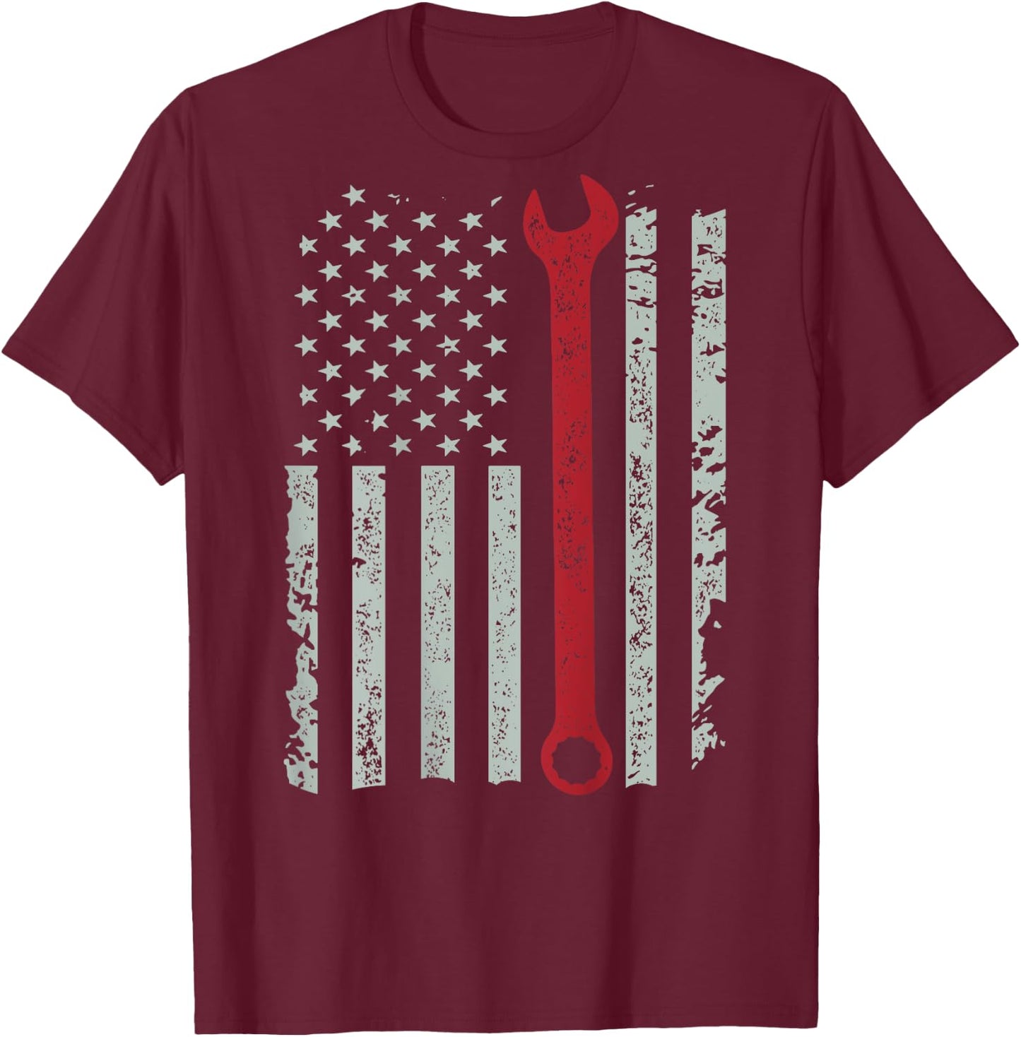 American flag mechanic wrench shirt patriotic design T-Shirt - T-Shirt | Maroon