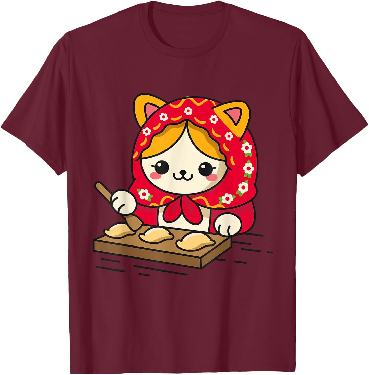 Cute Cat Wearing Head Scarf Making Pierogi Polish Men Women Kids T-Shirt - T-Shirt | Maroon