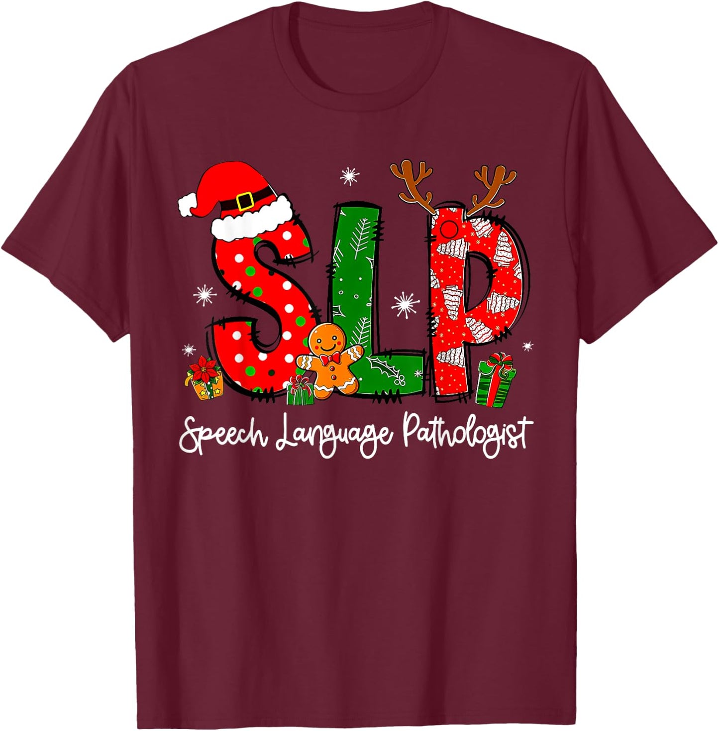 Speech Language Pathologist Reindeer Santa Hat SLP Christmas T-Shirt - T-Shirt | Maroon