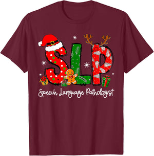 Speech Language Pathologist Reindeer Santa Hat SLP Christmas T-Shirt - T-Shirt | Maroon