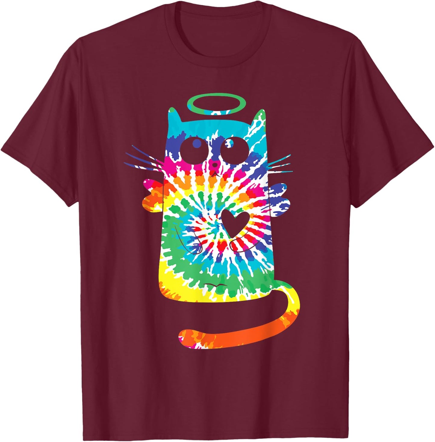 Fun Cat Hippie Rainbow Tie Dye Angel Cat with Heart and Halo Women Kids T-Shirt - T-Shirt | Maroon