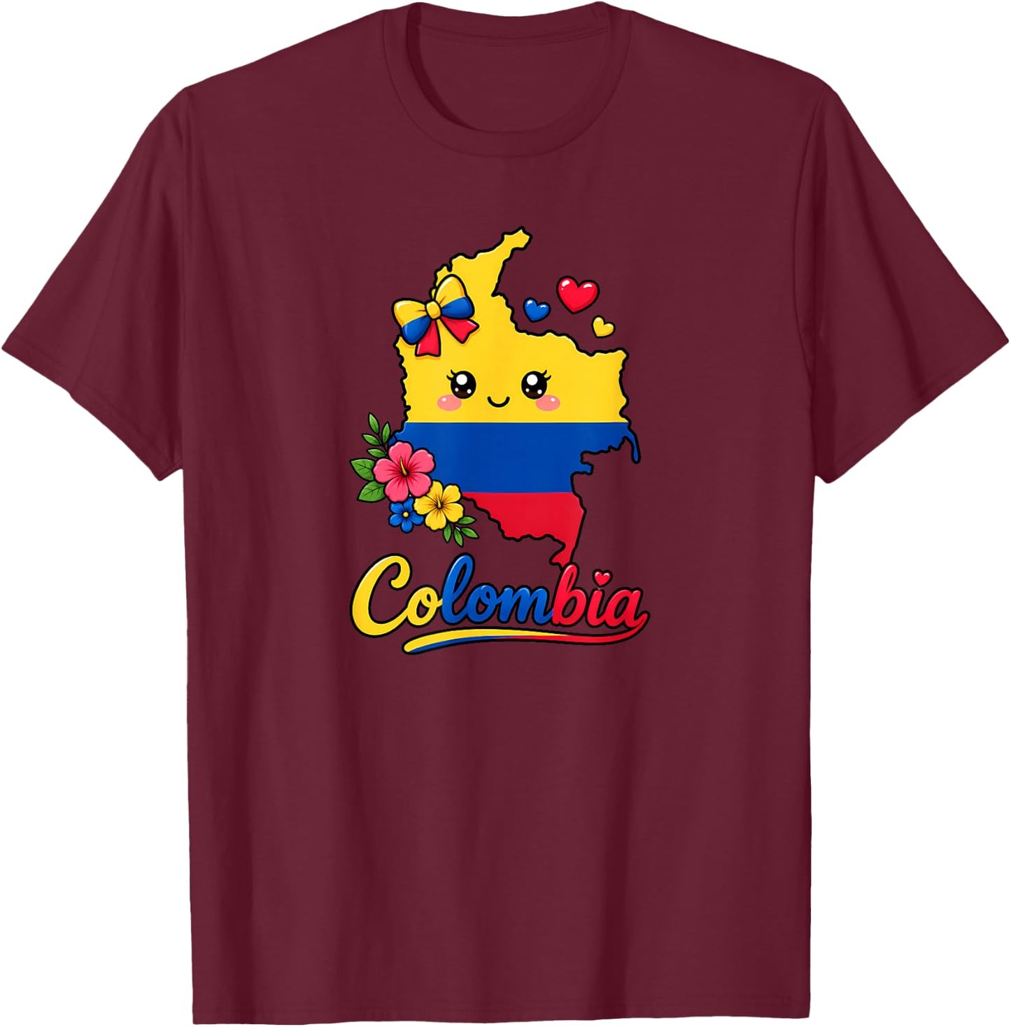Colombia Flag Day Kawaii Map Hearts Bow T-Shirt - T-Shirt | Maroon