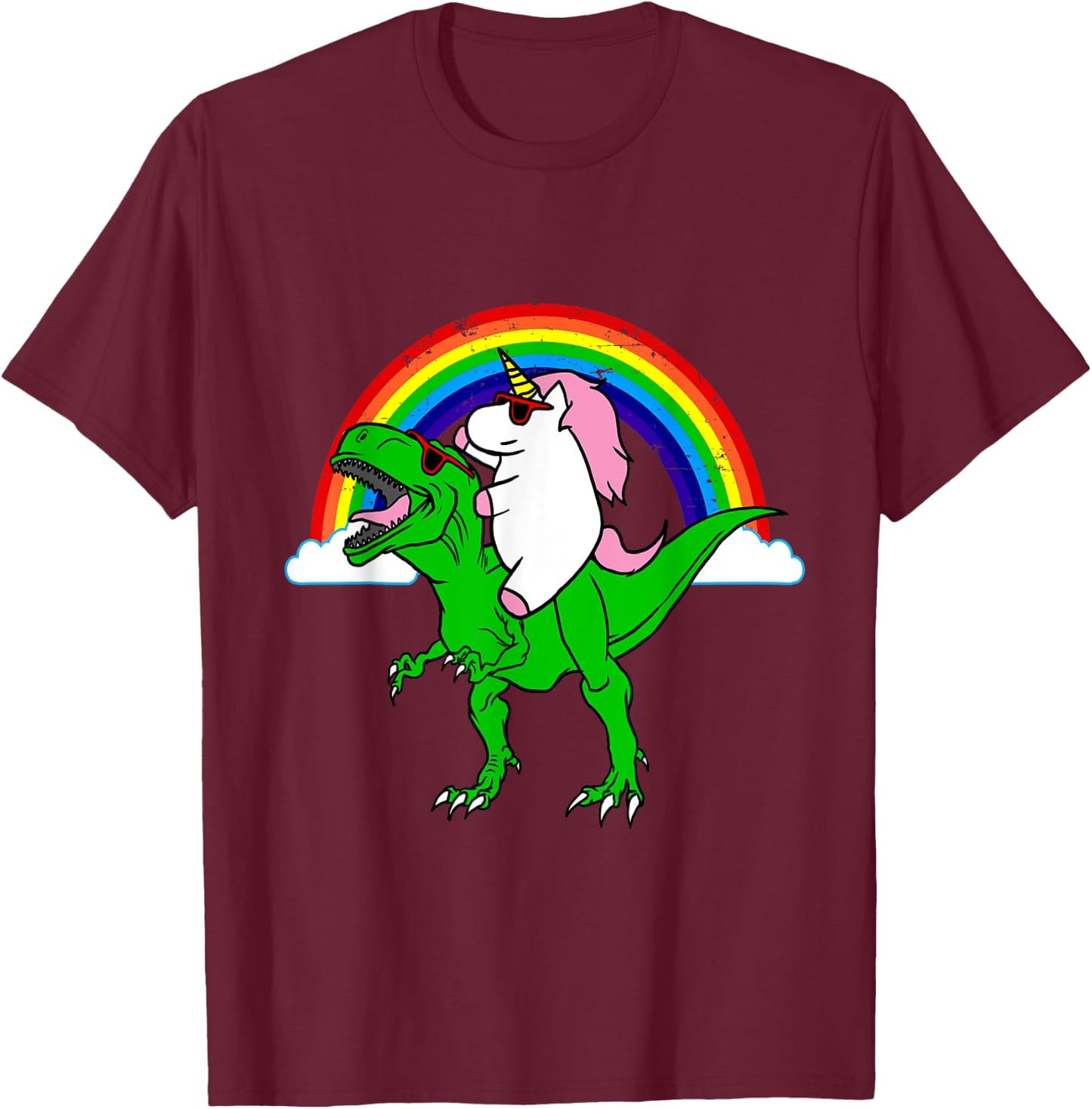 Funny Unicorn Riding Dinosaur Shirt T-Rex Rainbow Gift T-Shirt - T-Shirt | Maroon