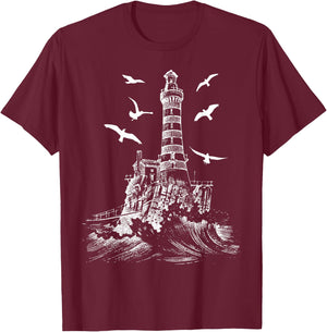 Seagull Silhouette Illustrated Lighthouse Image Gift T-Shirt - T-Shirt | Maroon