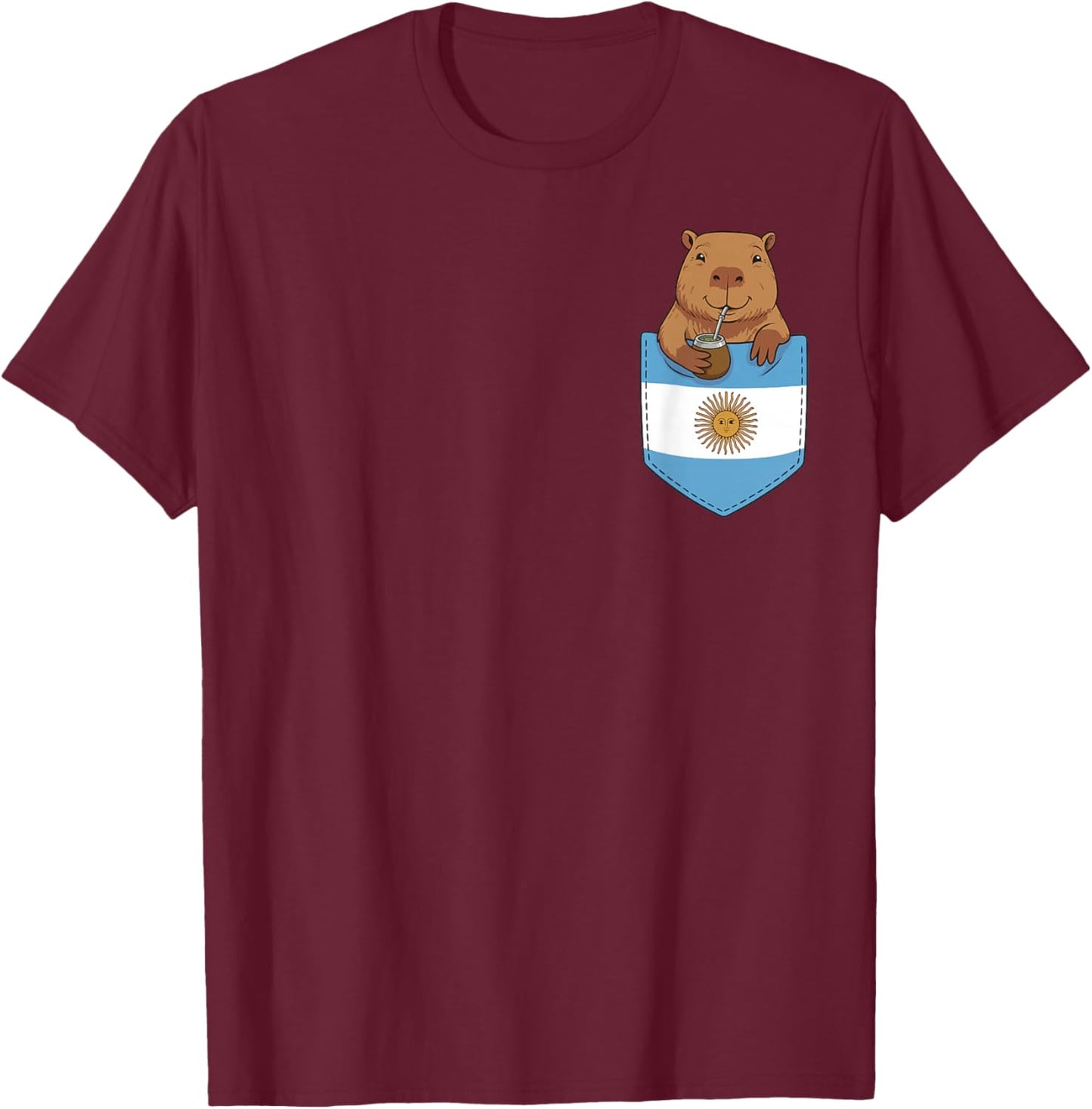 Argentine Capybara Yerba Mate Funny Pocket Argentina Flag T-Shirt - T-Shirt | Maroon