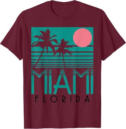 Miami Florida Vintage Retro Palm Trees Beach Summer Surf T-Shirt - T-Shirt | Maroon