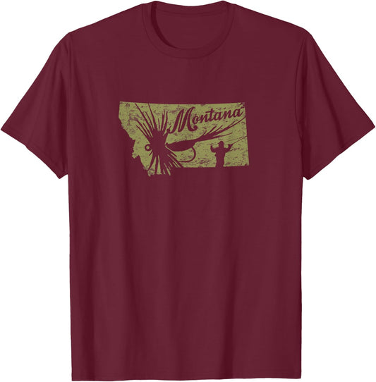 Vintage Montana Fly Fishing Distressed Trout Fishing Trout T-Shirt - T-Shirt | Maroon