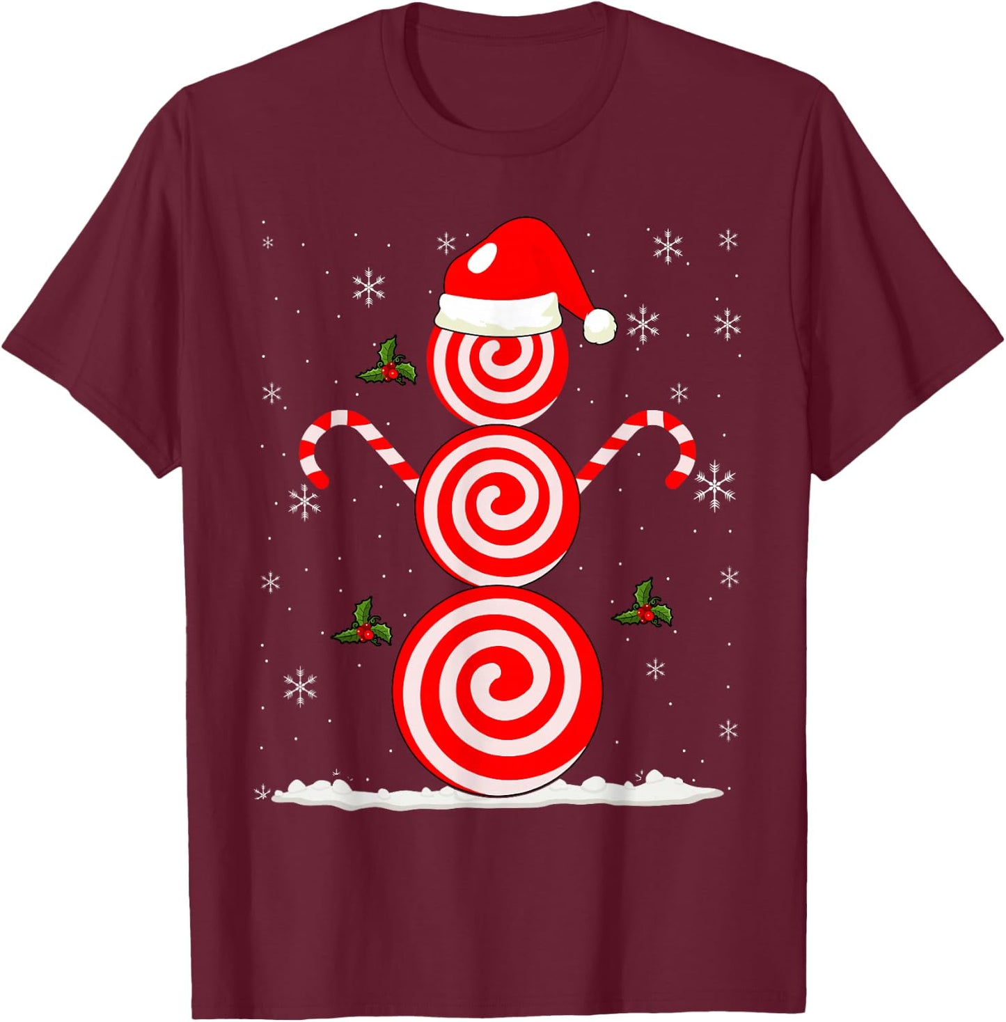Funny Christmas Peppermint Candy Snowman T-Shirt - T-Shirt | Maroon