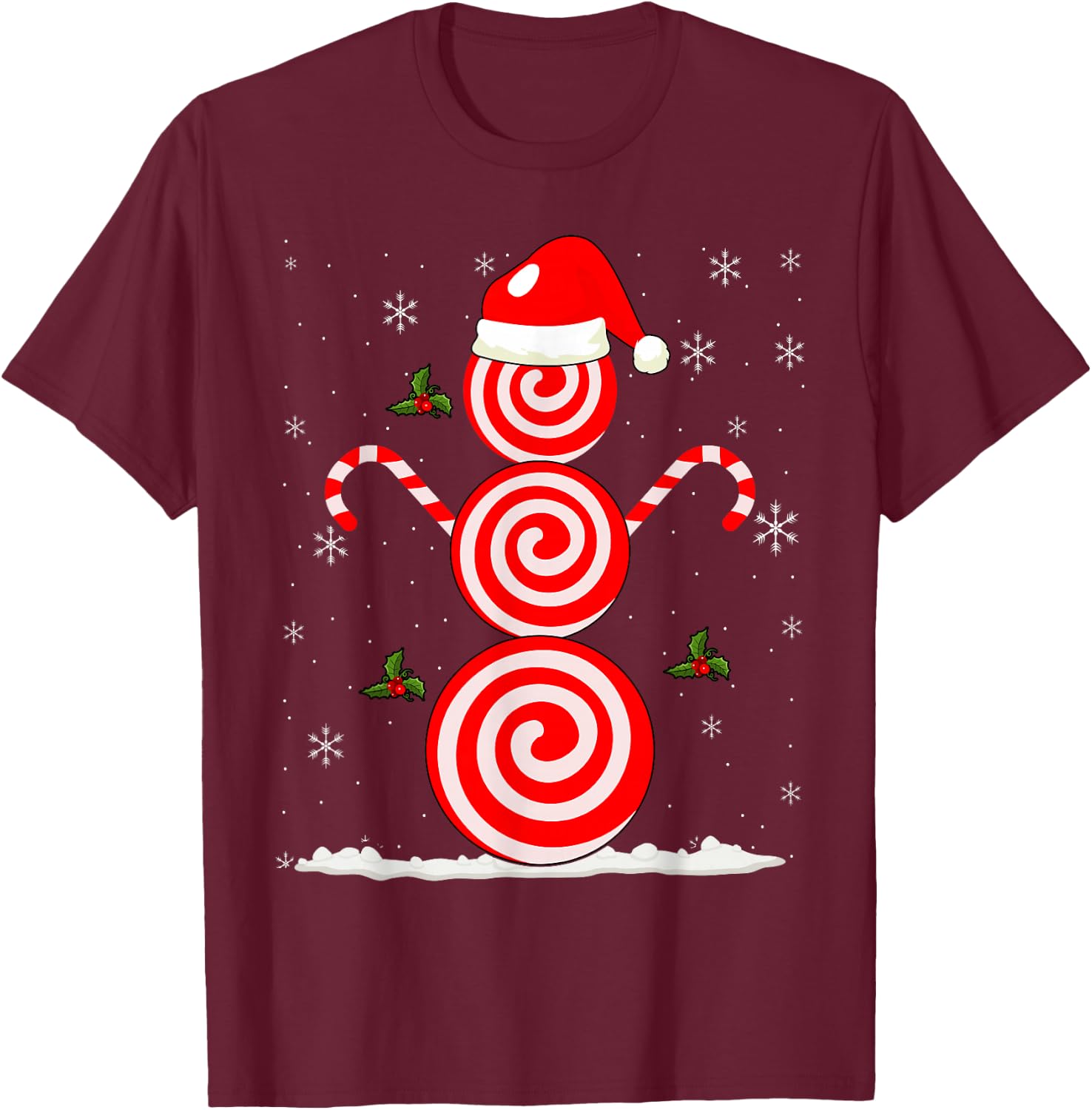 Funny Christmas Peppermint Candy Snowman T-Shirt - T-Shirt | Maroon