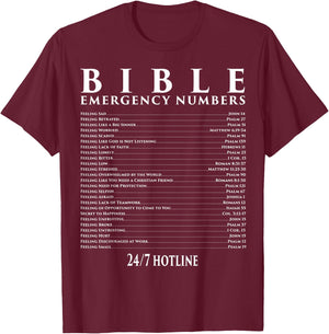 Bible Emergency Hotline Numbers - Cool Christian T-Shirt - T-Shirt | Maroon