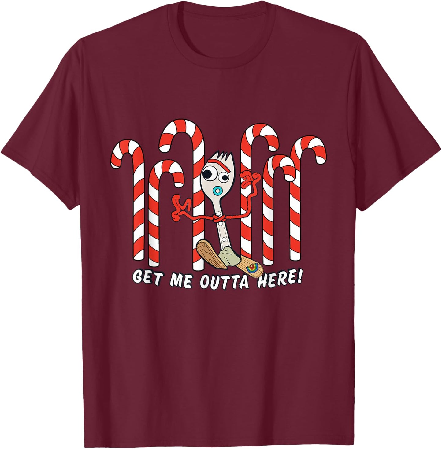 Toy Story 4 Forky Get Me Outta Here Candy Canes Holiday T-Shirt - T-Shirt | Maroon