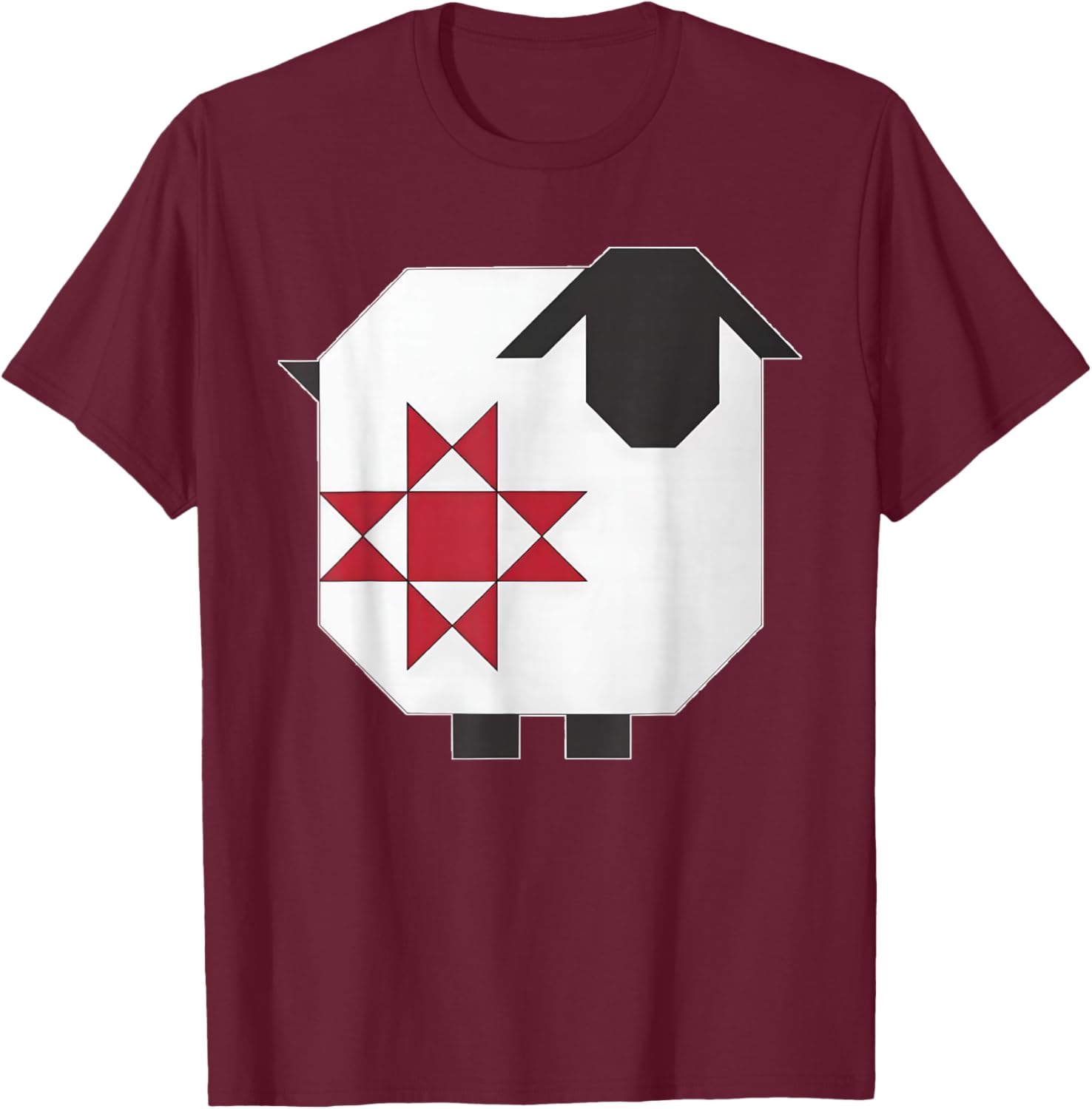 Quilt Block Sheep Red and White Country Farm T-Shirt - T-Shirt | Maroon