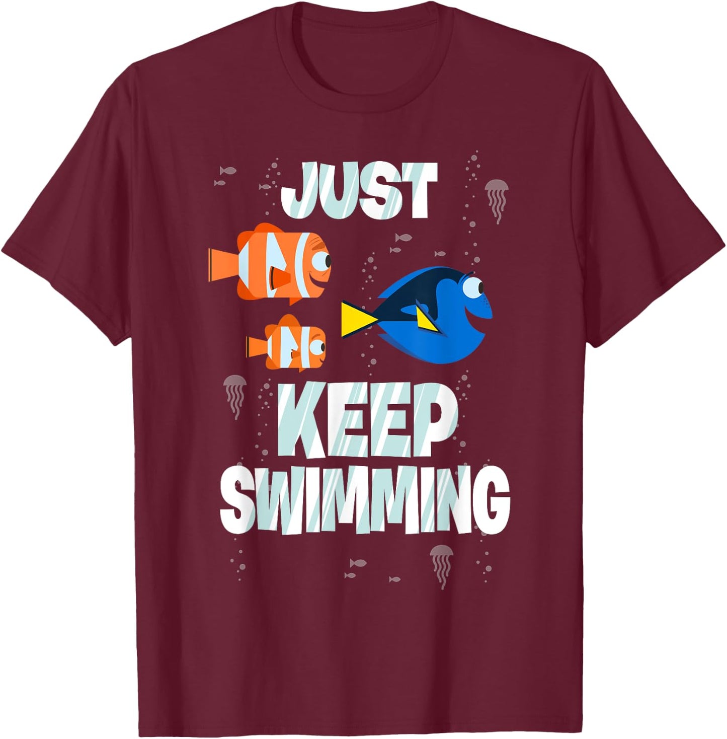 Disney Pixar Finding Dory Just Keep Swimming Clown Fish Crew T-Shirt - T-Shirt | Maroon