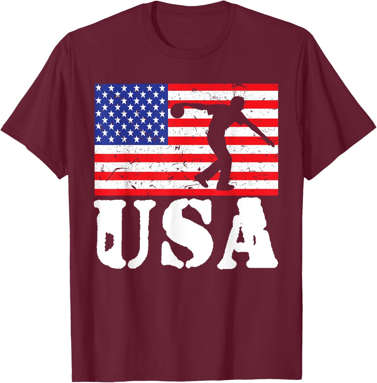 Distressed Bowling USA American Flag Vintage Bowler Player Women Girls Kids Men T-Shirt - T-Shirt | Maroon