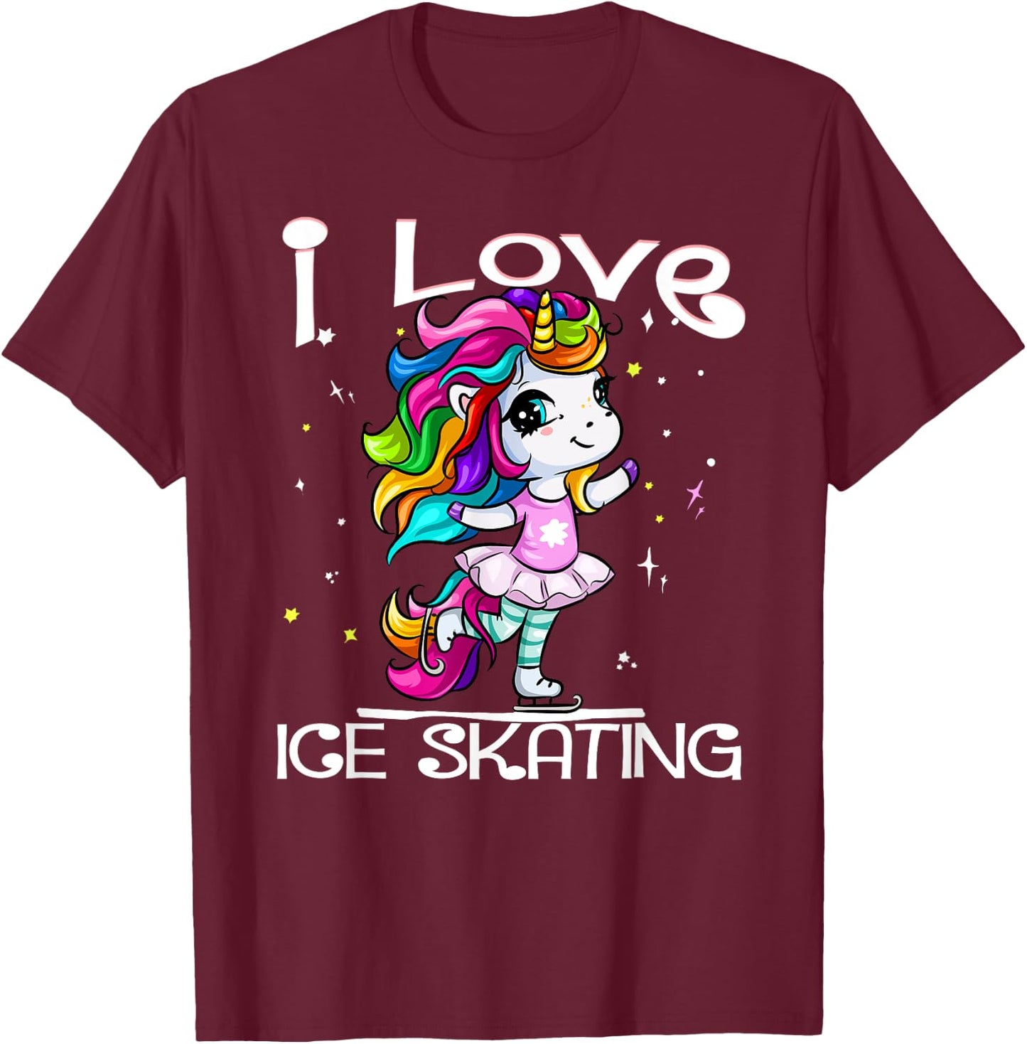 Ice Dancing Cute I Love Ice Skating Rainbow Unicorn Girl T-Shirt - T-Shirt | Maroon