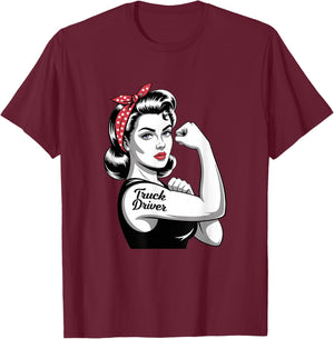Female Truck Driver Rosie Riveter Road Warrior Woman T-Shirt - T-Shirt | Maroon