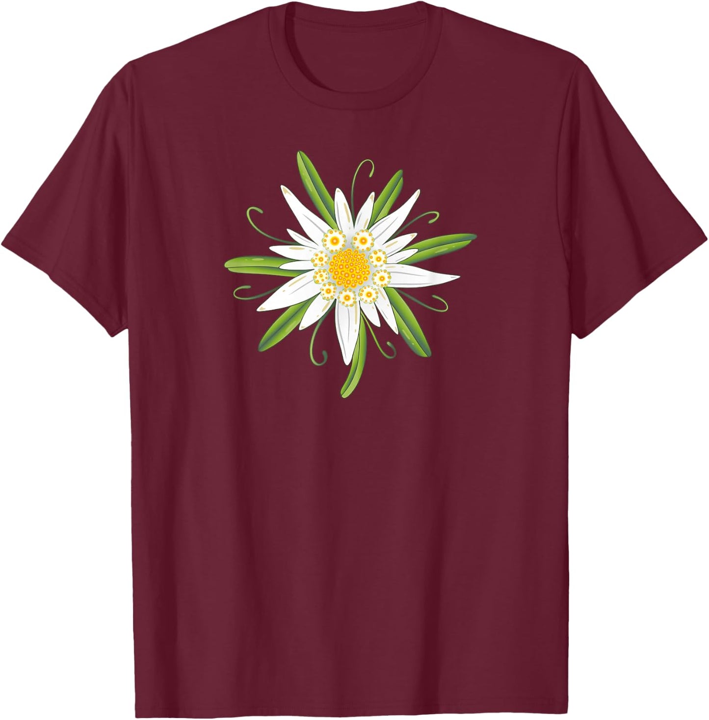 Oktoberfest Shirt. Edelweiss, traditional flower with leaves T-Shirt - T-Shirt | Maroon