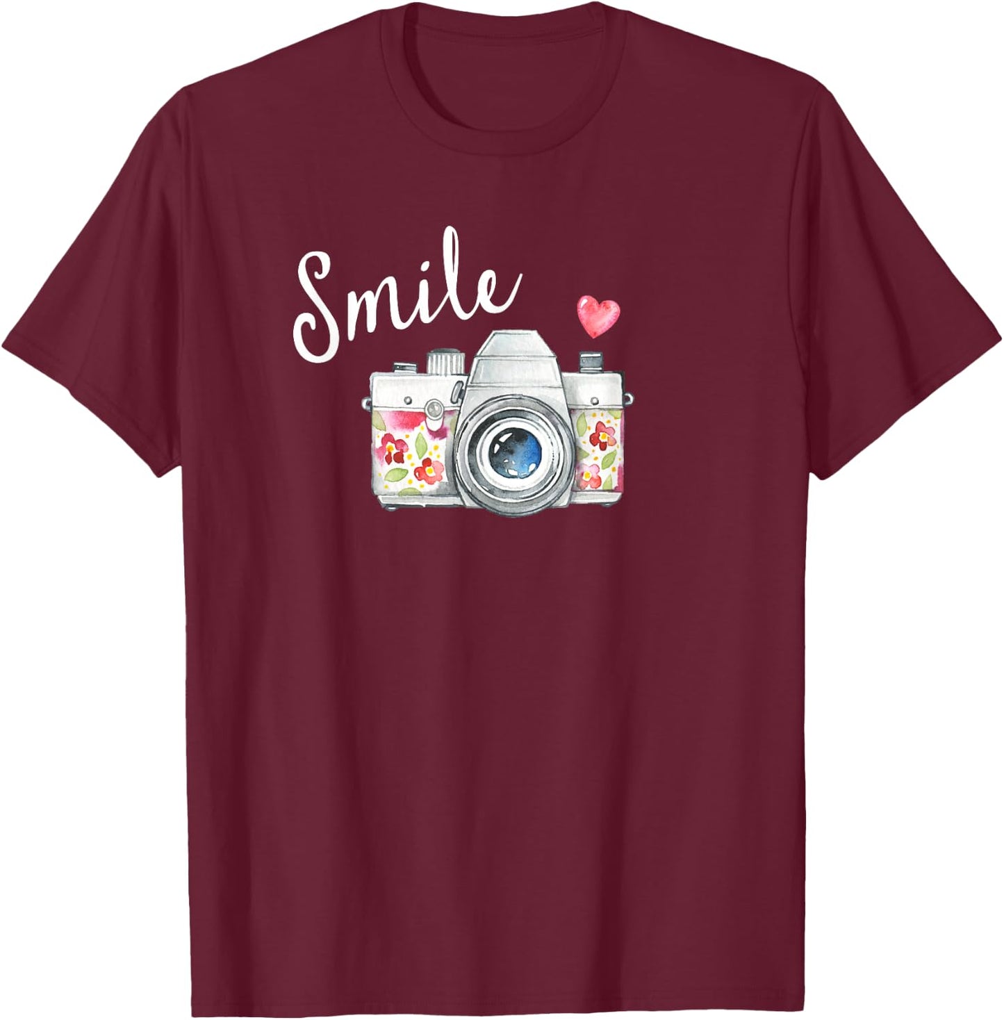 Vintage Camera T Shirt, Smile Quote Flower Design for Girls T-Shirt - T-Shirt | Maroon