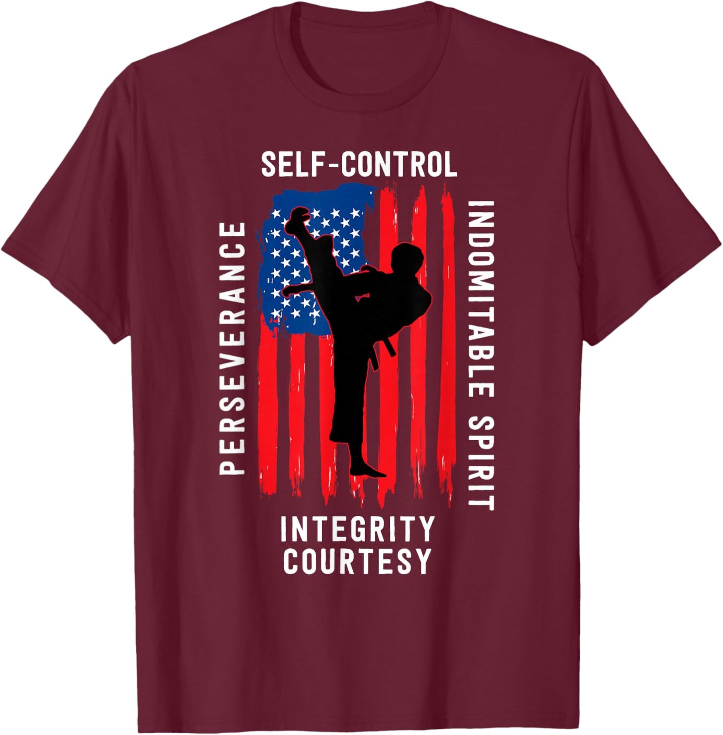 Taekwondo 5 Tenets Martial Arts Sports USA Flag T-Shirt - T-Shirt | Maroon
