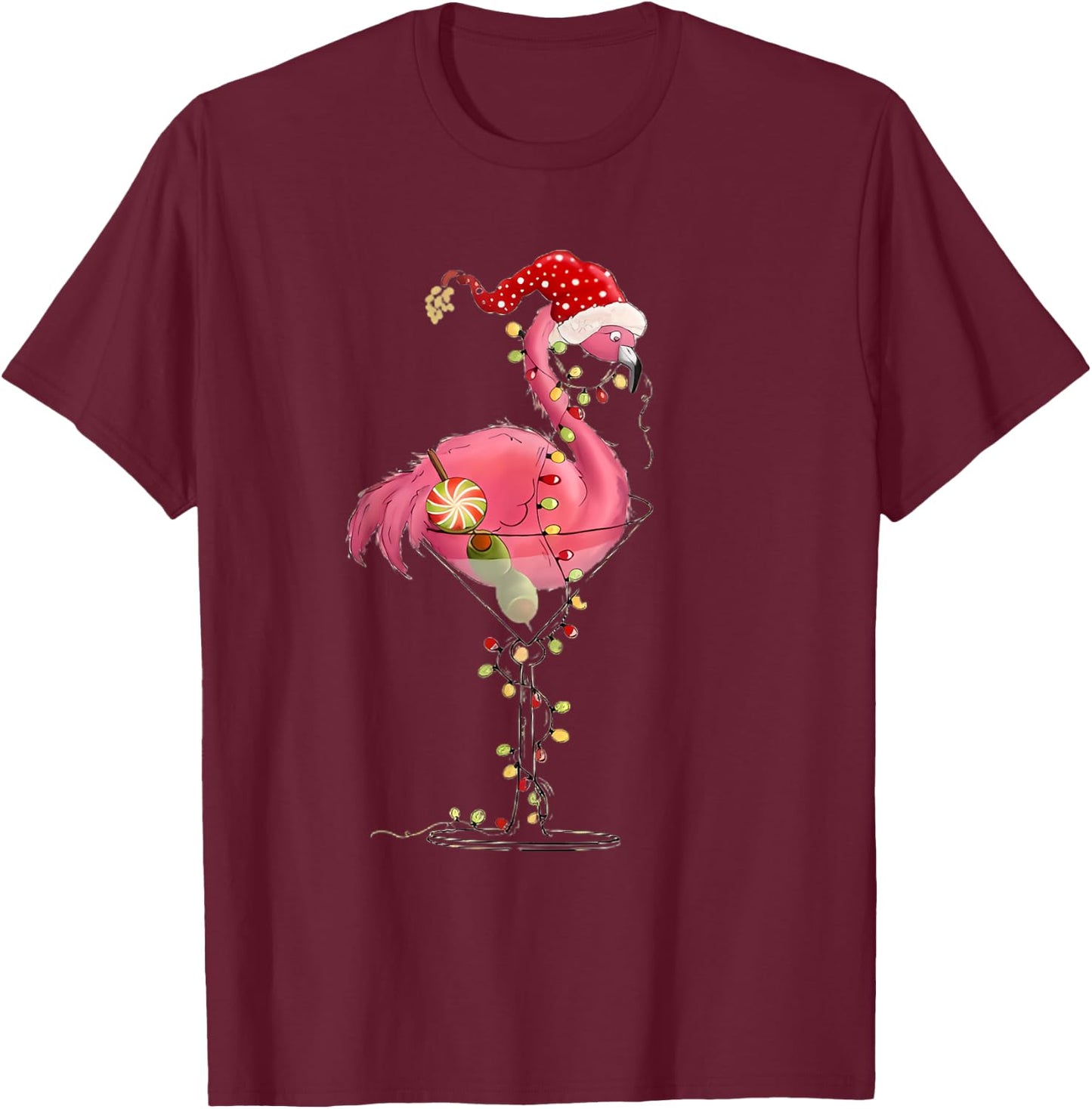 Christmas Flamingo In Martini Glass For Tropical Holiday Fun T-Shirt - T-Shirt | Maroon